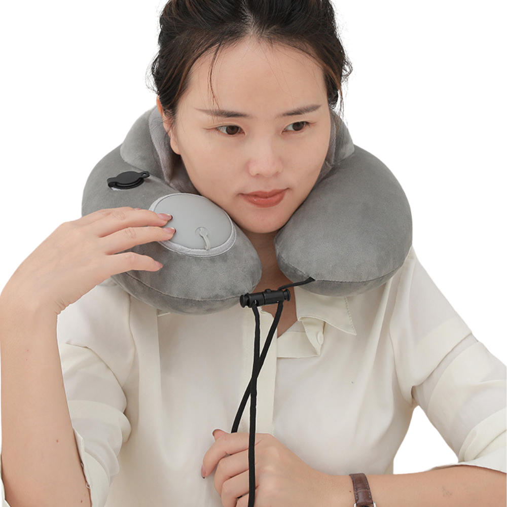 Inflatable Travel Neck Pillow with Quick Air Release & Storage Pouch